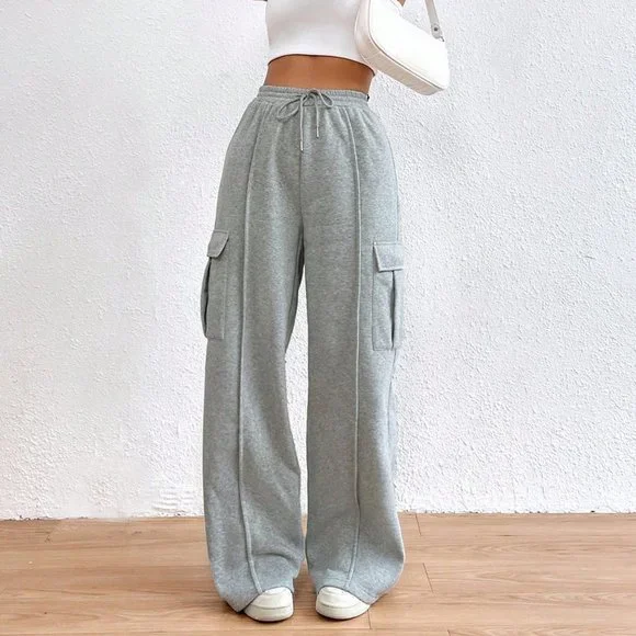 Light Grey Casual Womens Flap Pocket Side Drawstring Waist Sweatpants - Picture 1 of 6